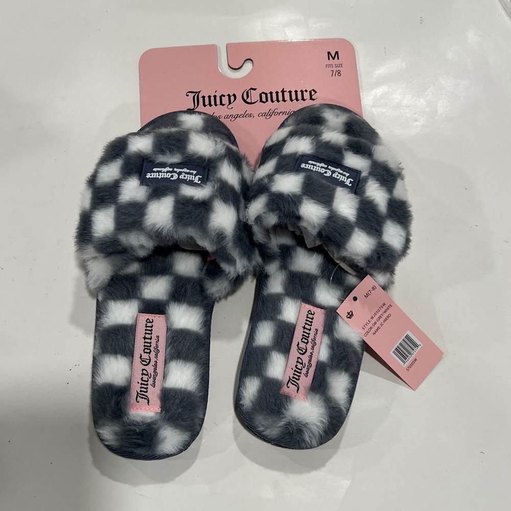 NWT Juicy Couture Black and White Plaid Fleece Slippers Size M 7-8